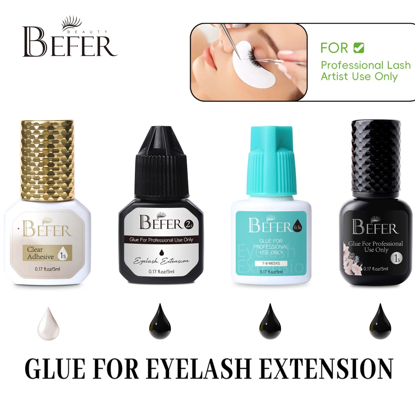 Professional Eyelash Extensions Glue 0.5-1 Sec Fast Drying Black/Clear Color 5ml Lash Glue Low Odor No Irritant Befer Beauty