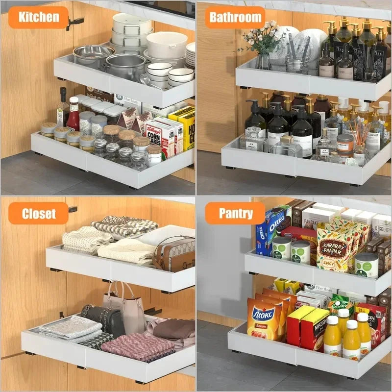 Pull Out Tray Cabinet Organizer Kitchen Storage Rack Expandable Under Sink Spice Boxes Silent Slide Drawer Style Bowl Dish Shelf