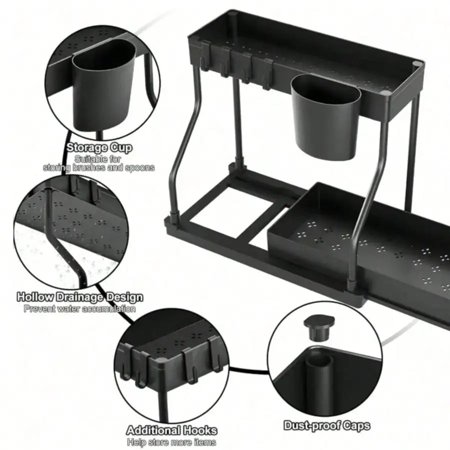 Multifunctional 2-Tier Under Sink Storage Organizer, Pull-Out Cabinet Rack Drawer, R-Shaped Expandable Adjustable Shelf, Large Capacity Space Saving Bathroom & Kitchen Organizer, Sliding Under Cabinet Storage Basket, Countert