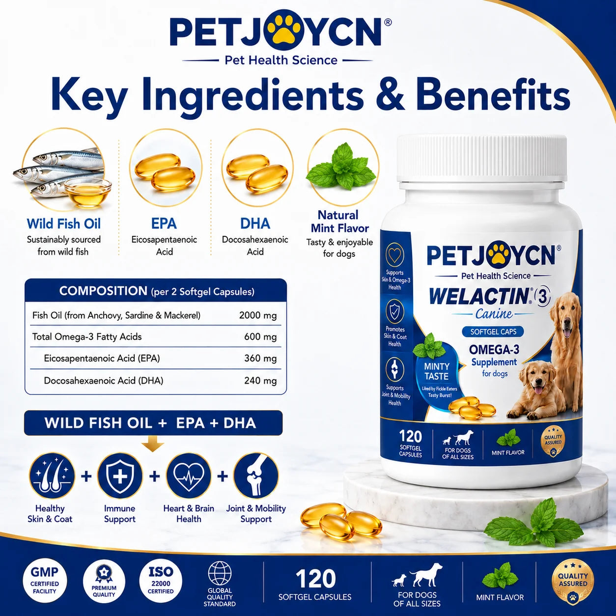 OEM Omega-3 Fish Oil Softgels for Dogs EPA DHA Skin Coat Joint Support Private Label 120 Softgels