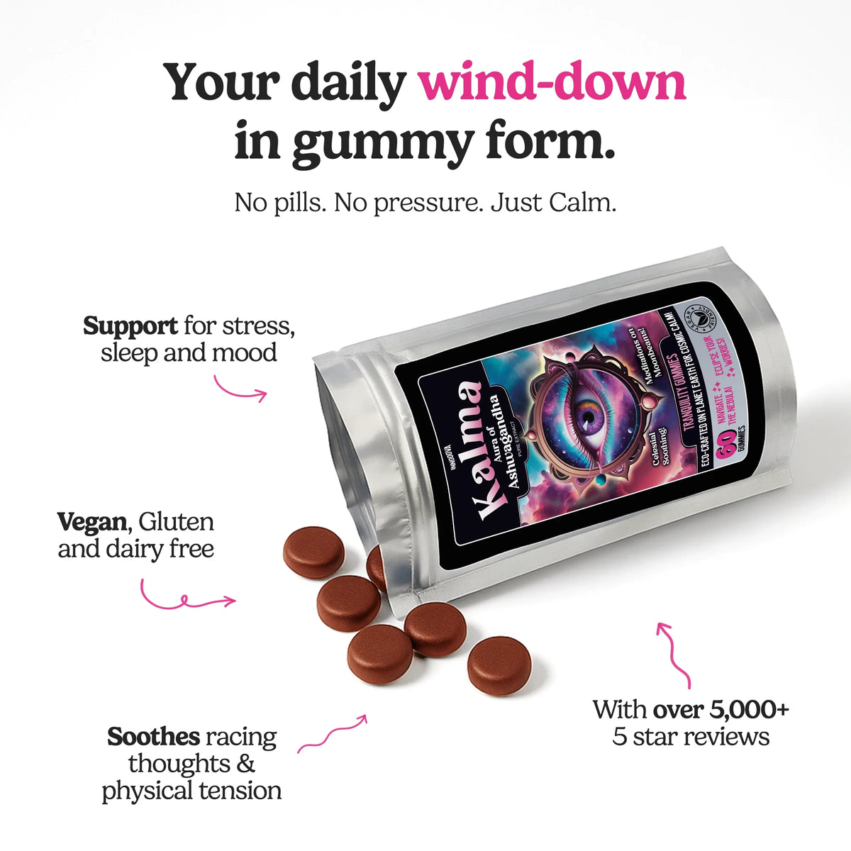 Kalma 6 x 60 Gummies Full Pack Bundle Pure Ashwagandha Extract + Vitamin B6 Adaptogenic Vegan Gummies - 6 Month Supply Formulated for Calm, Balance + Mental Clarity. Support Focus, Restful Sleep + Your Natural Response to Eve