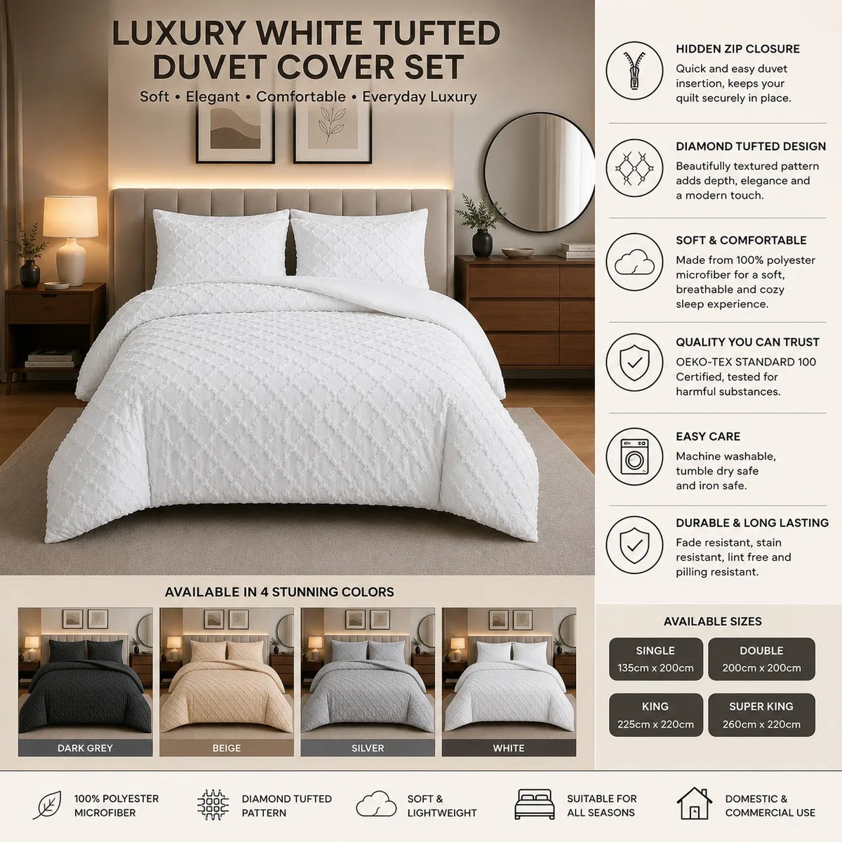 Luxury Diamond Tufted Duvet Cover Set Soft Microfibre Bedding Set with Pillowcases Hidden Zip Closure Quilt Cover