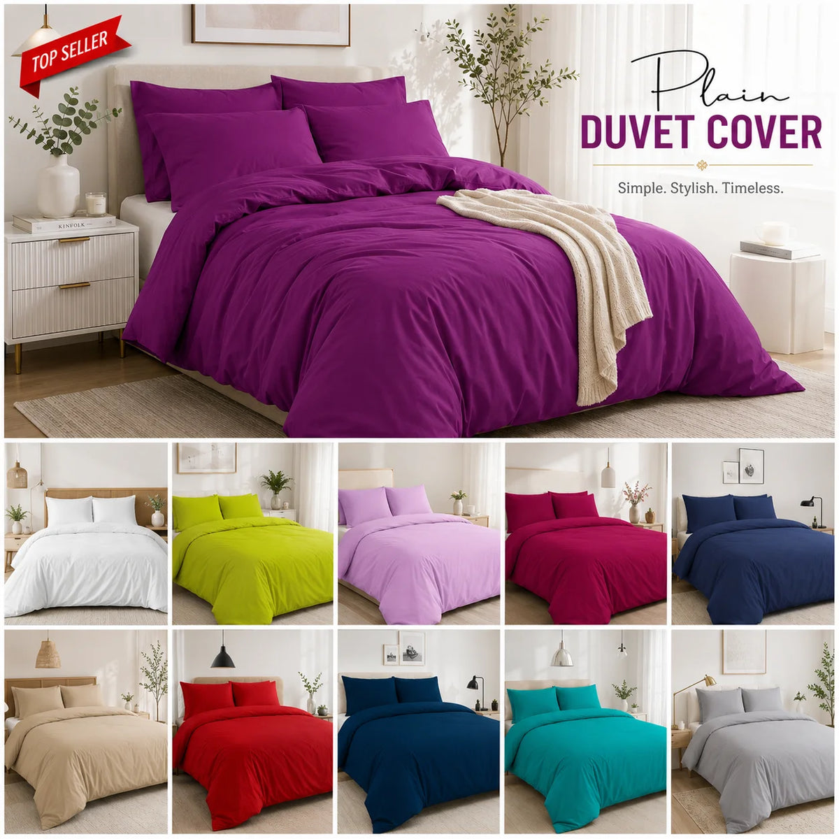 Duvet Cover with Pillowcase Polycotton Plain Dyed Quilt Bedding Set Available Size Single Double King