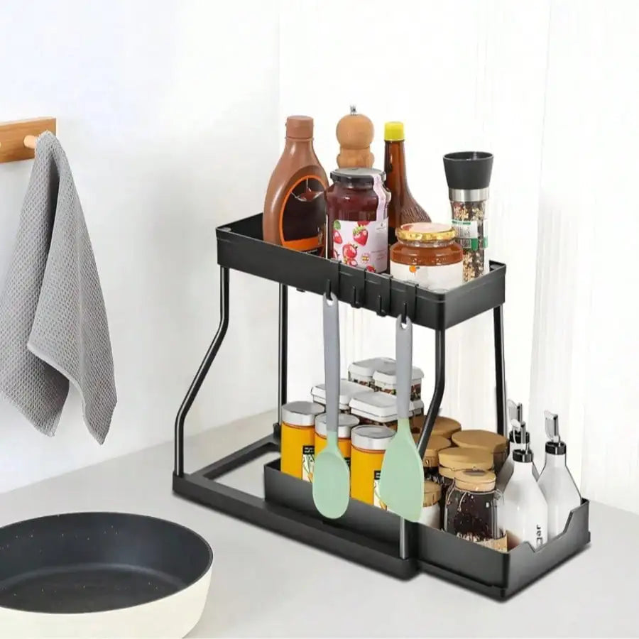 Multifunctional 2-Tier Under Sink Storage Organizer, Pull-Out Cabinet Rack Drawer, R-Shaped Expandable Adjustable Shelf, Large Capacity Space Saving Bathroom & Kitchen Organizer, Sliding Under Cabinet Storage Basket, Countert