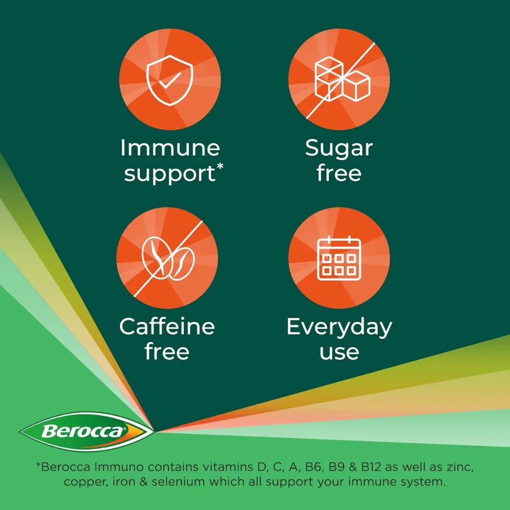 Berocca Immuno Effervescent Tablets, 11 Vitamins and Minerals, Including Vitamins D, C, A, B9, Zinc and Iron