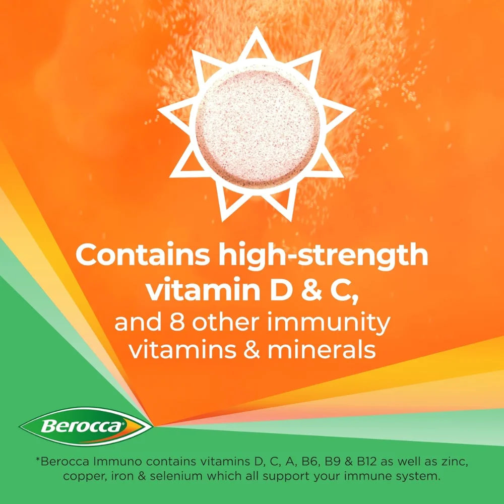 Berocca Immuno Effervescent Tablets, 11 Vitamins and Minerals, Including Vitamins D, C, A, B9, Zinc and Iron