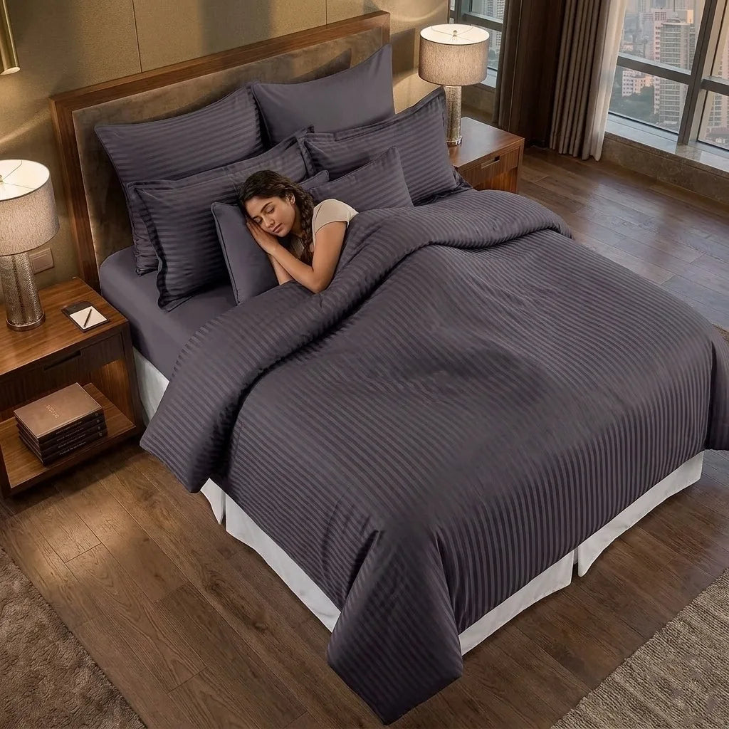 Luxury Satin Stripe Duvet Cover Set 100% Polycotton Bedding Set Single, Double, King Super King Sizes Soft Hotel Quality