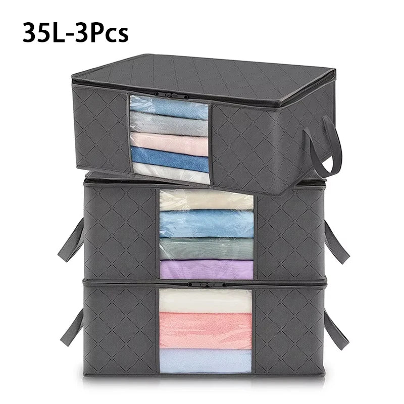 Storage Set | Foldable Clothes Organizer Bags with Clear Window Sturdy Handle | For Wardrobe Dorm Pillow Bedding Clothes Blanket