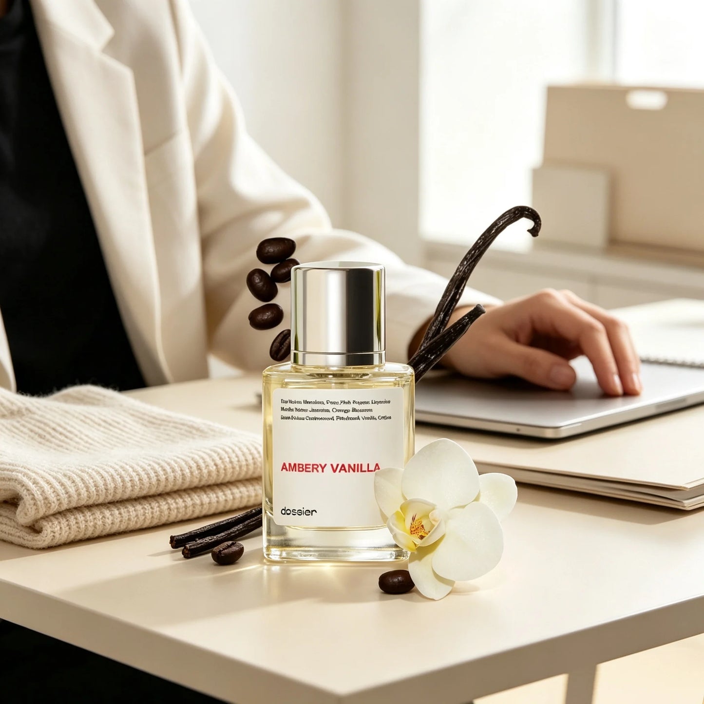 Dossier Ambery Vanilla Unisex EDP Perfume Clear Mini Square Bottle Polished Silver Cylindrical Cap Minimalist White Text Label Warm Creamy Amber Vanilla Coffee Woody Scent Clean Neutral Gourmand Fragrance Gift For Men Women