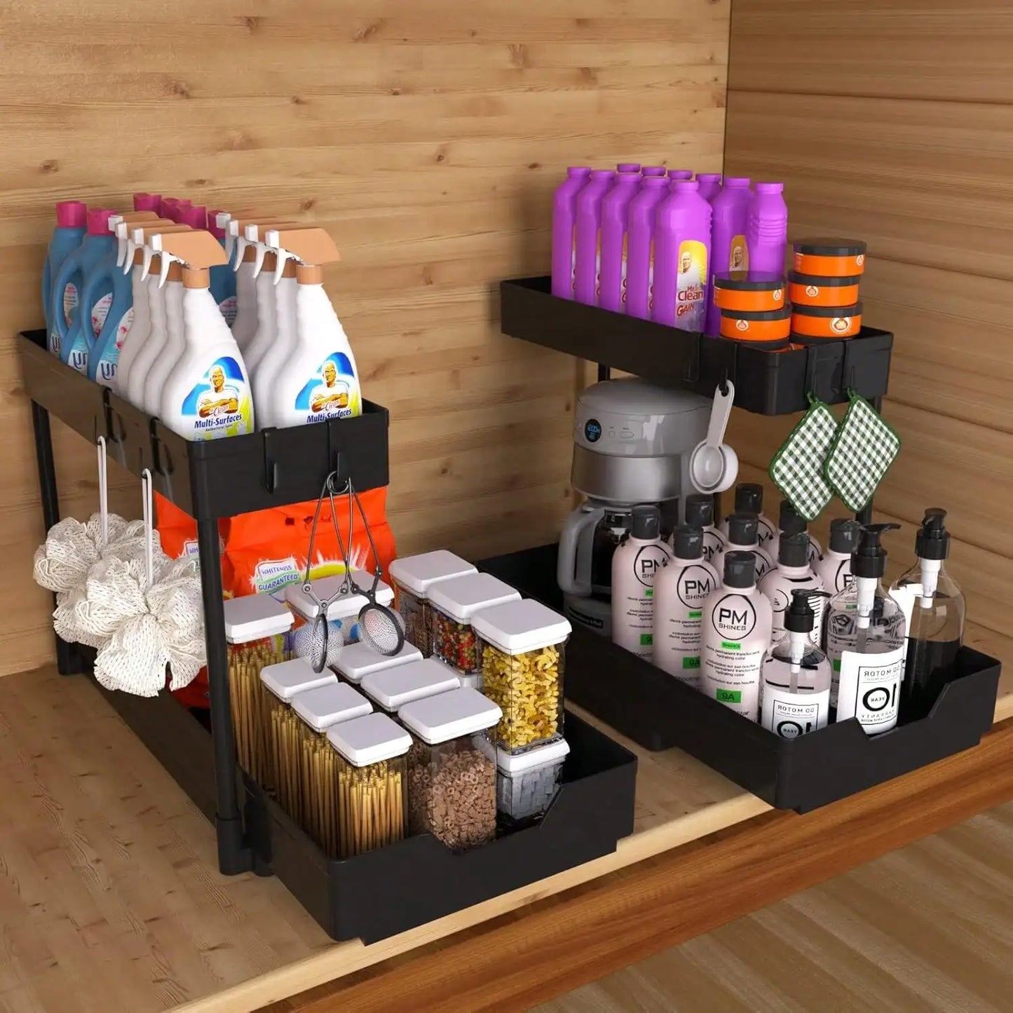 Multifunctional 2-Tier Under Sink Storage Organizer, Pull-Out Cabinet Rack Drawer, R-Shaped Expandable Adjustable Shelf, Large Capacity Space Saving Bathroom & Kitchen Organizer, Sliding Under Cabinet Storage Basket, Countert