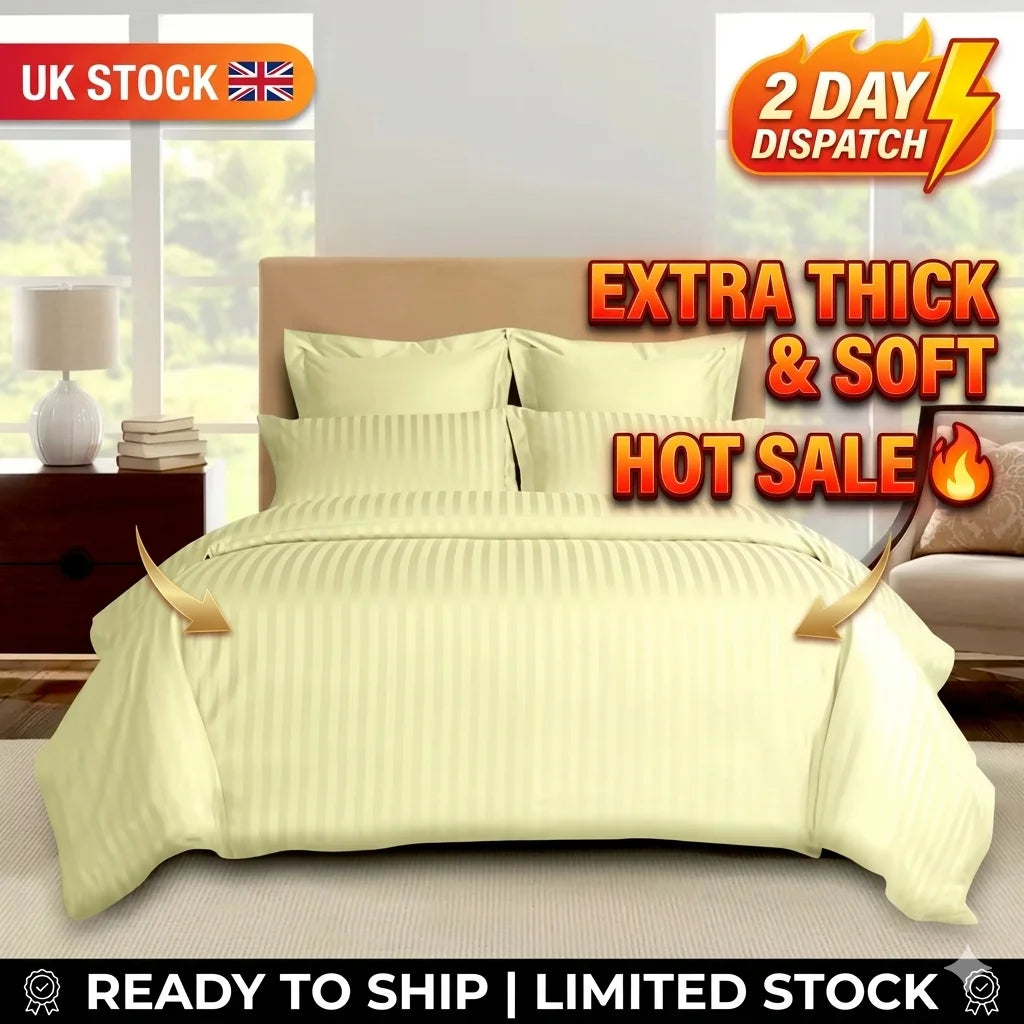 Luxury Satin Stripe Duvet Cover Set – 100% Microfiber Bedding Set – Single, Double, King Super King Sizes Soft Hotel Quality