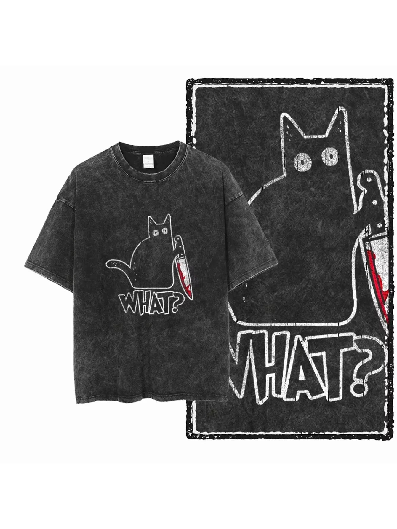 cat Printed Cotton Acid Washed Exclusive Graphic Unisex T Shirt Cool Streetwear Men Tshirts Big Size Tee for men