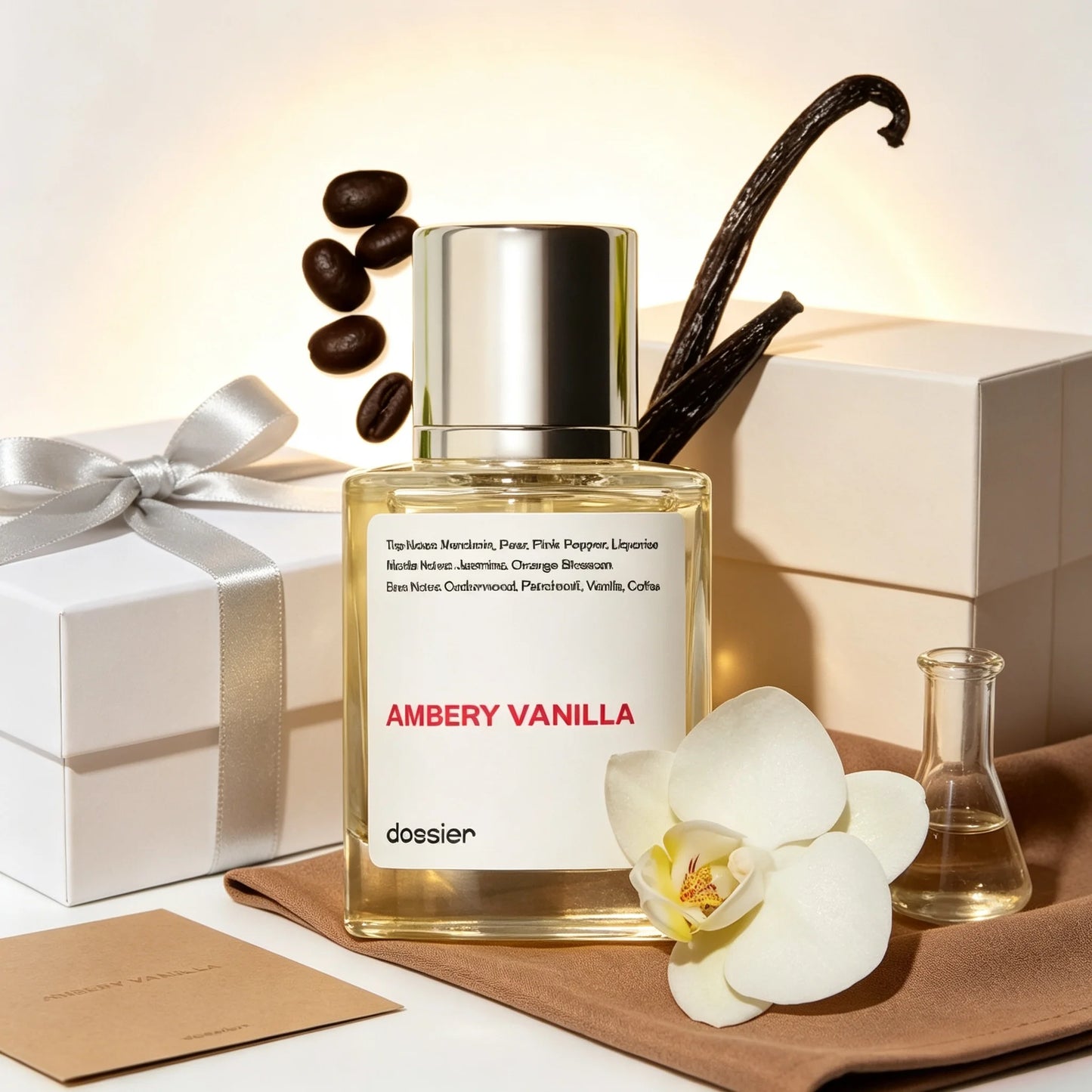Dossier Ambery Vanilla Unisex EDP Perfume Clear Mini Square Bottle Polished Silver Cylindrical Cap Minimalist White Text Label Warm Creamy Amber Vanilla Coffee Woody Scent Clean Neutral Gourmand Fragrance Gift For Men Women