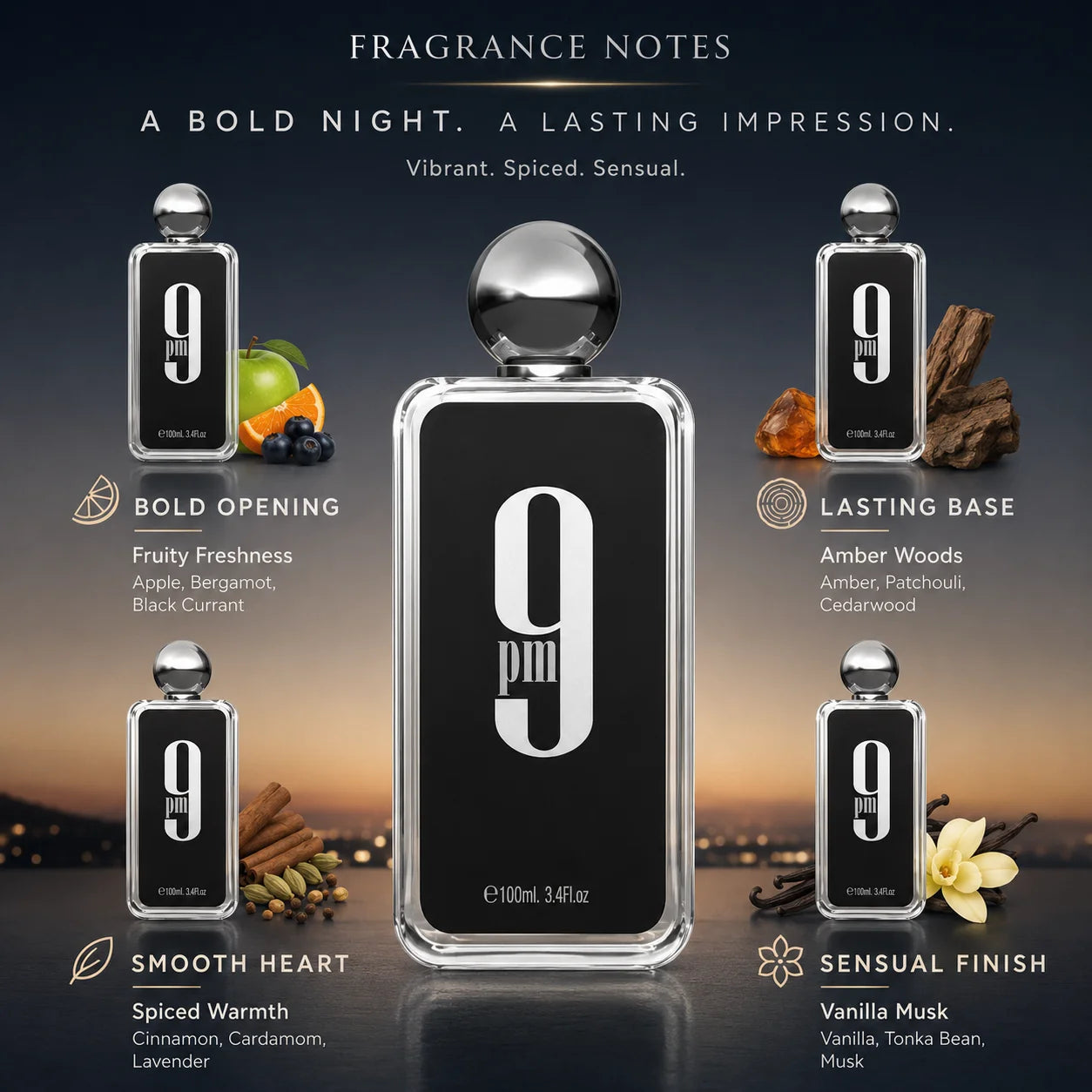Luxury Transparent Square Bottle Afnan 9 PM Mens Perfume 100ml Long Lasting Arabic Woody Eau De Parfum Cologne Gift Box For Men Holiday Birthday Present
