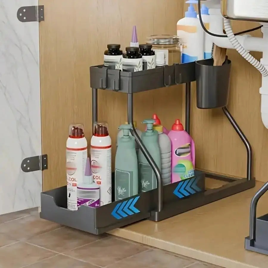Multifunctional 2-Tier Under Sink Storage Organizer, Pull-Out Cabinet Rack Drawer, R-Shaped Expandable Adjustable Shelf, Large Capacity Space Saving Bathroom & Kitchen Organizer, Sliding Under Cabinet Storage Basket, Countert