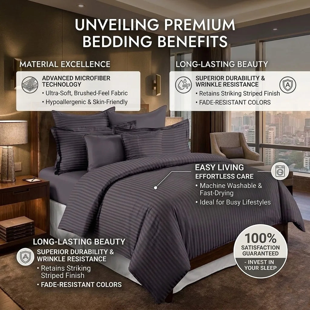 Luxury Satin Stripe Duvet Cover Set 100% Polycotton Bedding Set Single, Double, King Super King Sizes Soft Hotel Quality