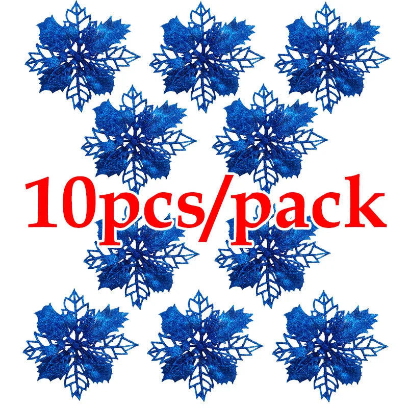 (10Pcs/pack) Artificial Christmas Tree Flower Glitter Decorations Xmas Ornaments New Year Gift Wedding Flower Head