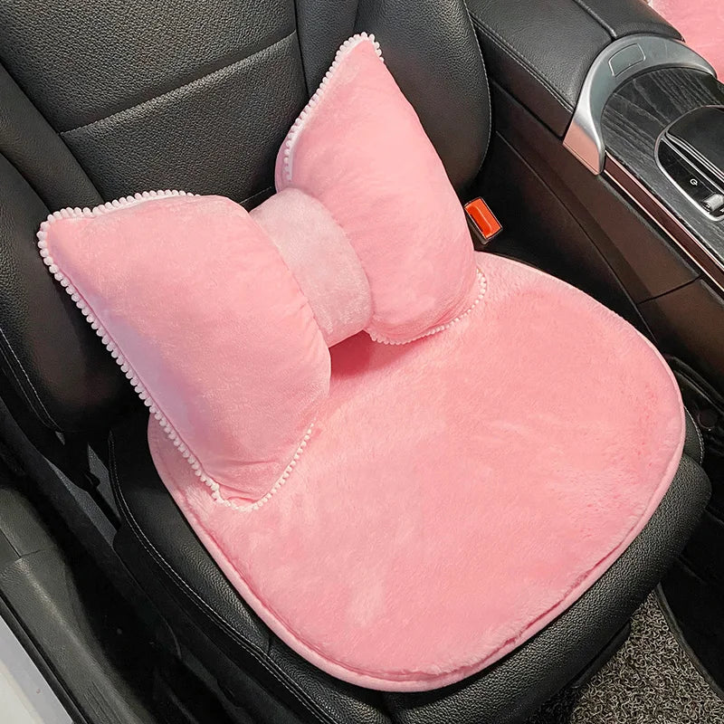 Comfortable Soft Pink Plush Car Headrest Lumbar Support Cartoon Bowknot Car Waist Neck Pillow Car Interior Decoration For Winter