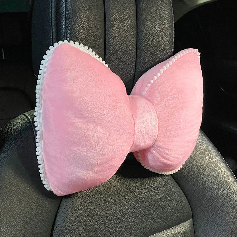 Comfortable Soft Pink Plush Car Headrest Lumbar Support Cartoon Bowknot Car Waist Neck Pillow Car Interior Decoration For Winter
