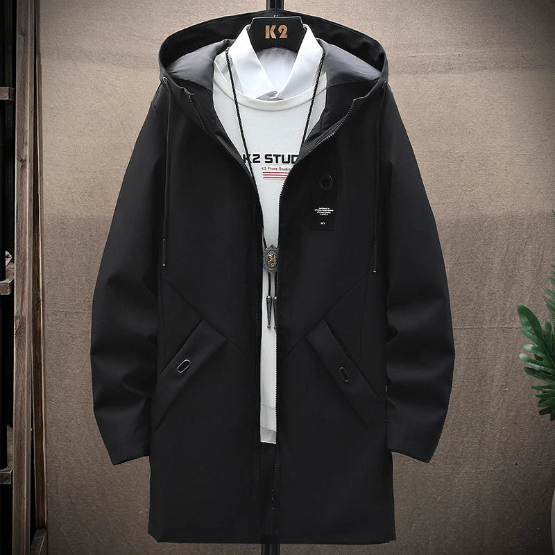 New Mens Casual Long Jackets Coats Hooded Streetwear Hip Hop Windbreaker Outwear Jacket Men Spring Autumn Mens Clothing 2025
