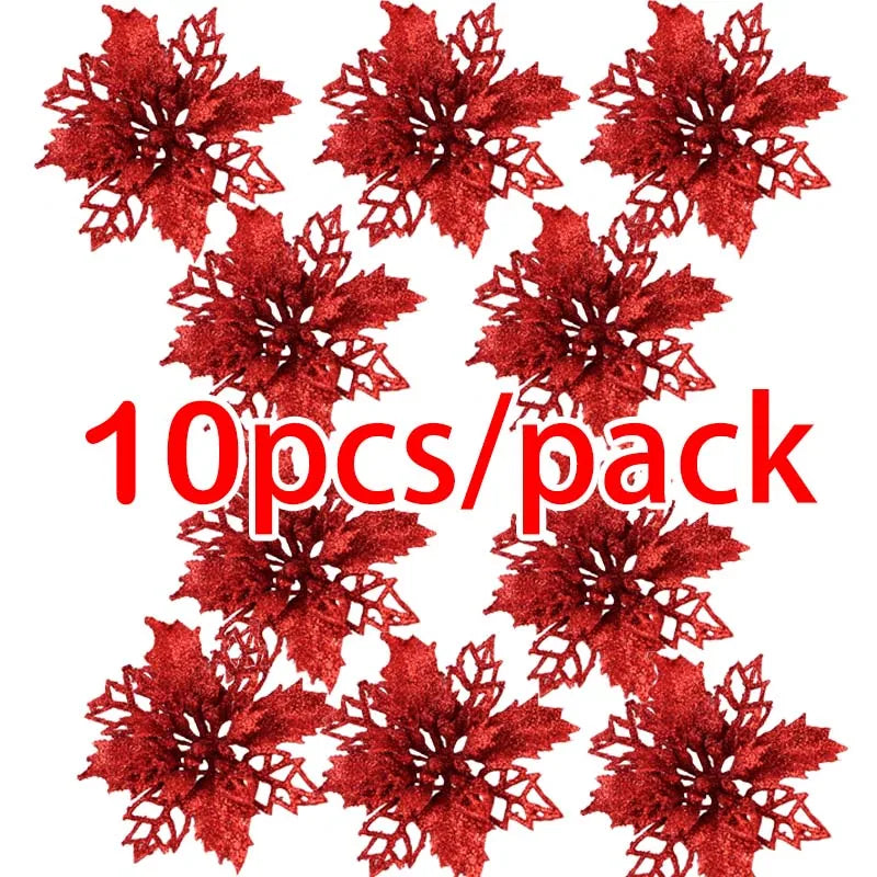 (10Pcs/pack) Artificial Christmas Tree Flower Glitter Decorations Xmas Ornaments New Year Gift Wedding Flower Head