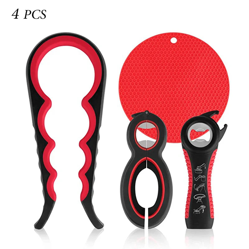 Bottle Opener Set - Multifunctional  6-in-1 Bottle Opener Jar Lids Opener, 4-in-1 Jar Opener and Non Slip Lids Opener Gripper