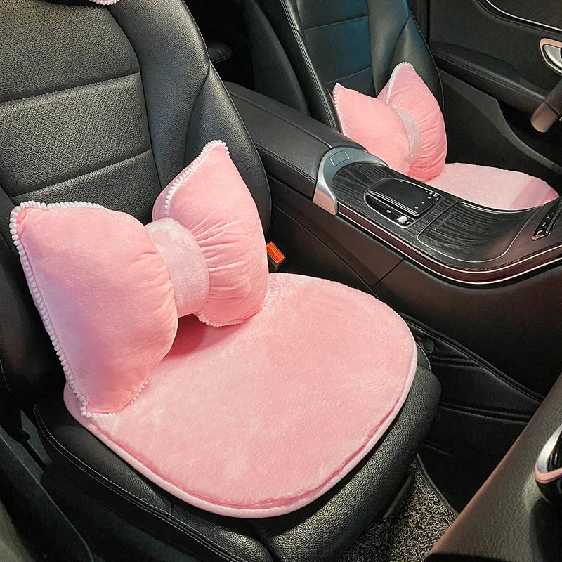 Comfortable Soft Pink Plush Car Headrest Lumbar Support Cartoon Bowknot Car Waist Neck Pillow Car Interior Decoration For Winter