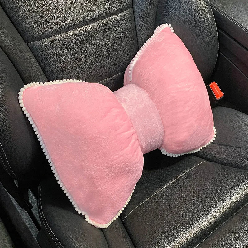 Comfortable Soft Pink Plush Car Headrest Lumbar Support Cartoon Bowknot Car Waist Neck Pillow Car Interior Decoration For Winter