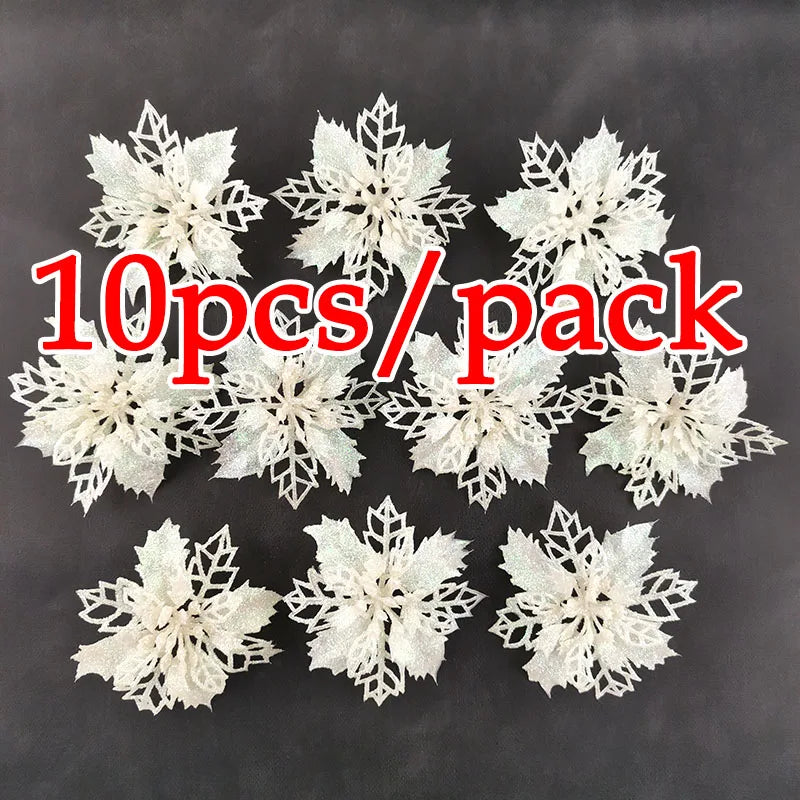 (10Pcs/pack) Artificial Christmas Tree Flower Glitter Decorations Xmas Ornaments New Year Gift Wedding Flower Head