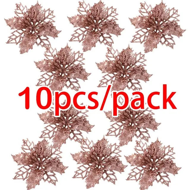 (10Pcs/pack) Artificial Christmas Tree Flower Glitter Decorations Xmas Ornaments New Year Gift Wedding Flower Head