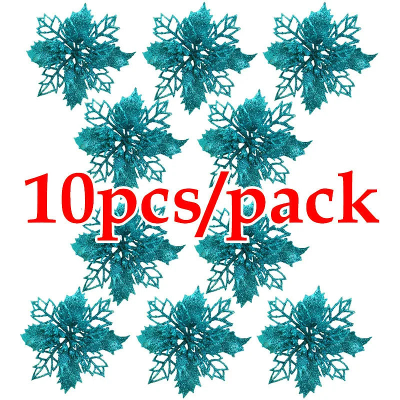 (10Pcs/pack) Artificial Christmas Tree Flower Glitter Decorations Xmas Ornaments New Year Gift Wedding Flower Head