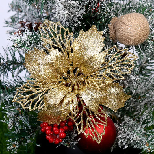 (10Pcs/pack) Artificial Christmas Tree Flower Glitter Decorations Xmas Ornaments New Year Gift Wedding Flower Head