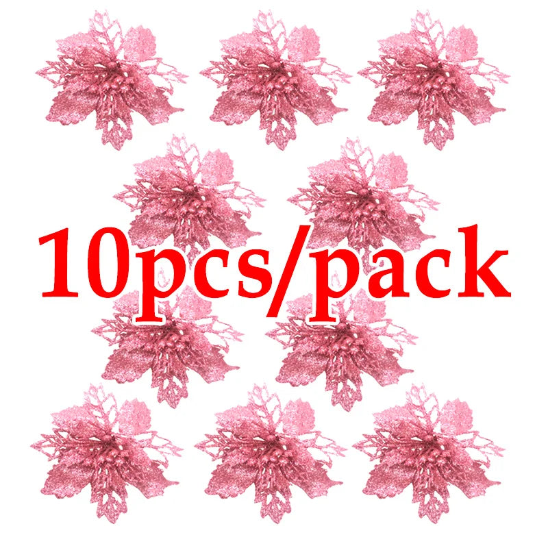 (10Pcs/pack) Artificial Christmas Tree Flower Glitter Decorations Xmas Ornaments New Year Gift Wedding Flower Head