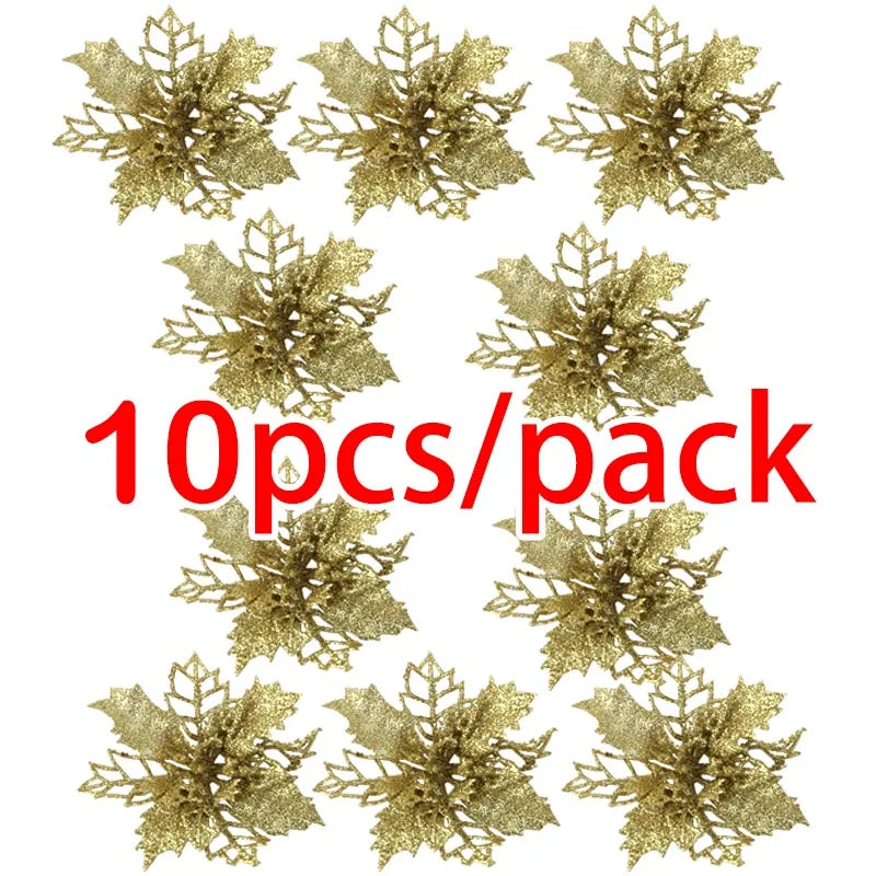 (10Pcs/pack) Artificial Christmas Tree Flower Glitter Decorations Xmas Ornaments New Year Gift Wedding Flower Head