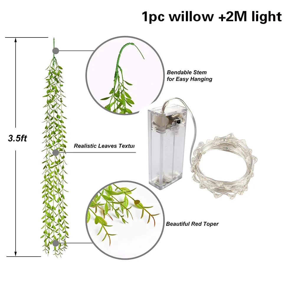 Artificial Ivy Willow Garland Fake Vines Lights String Green Hanging Plant for Wall Party Wedding Home Indoor Outdoor Decoration