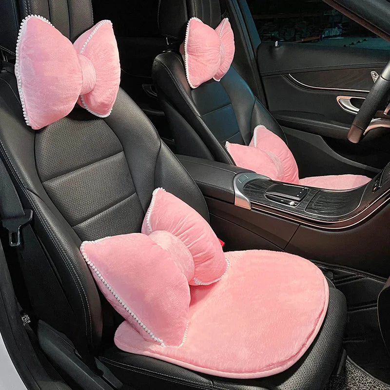Comfortable Soft Pink Plush Car Headrest Lumbar Support Cartoon Bowknot Car Waist Neck Pillow Car Interior Decoration For Winter