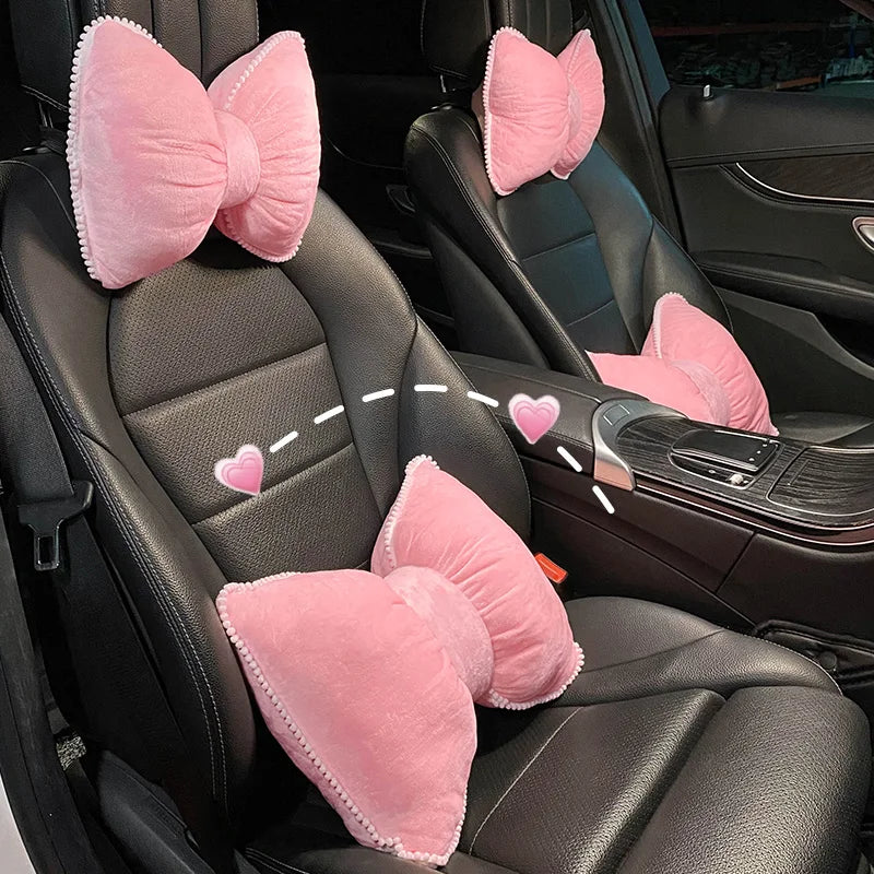 Comfortable Soft Pink Plush Car Headrest Lumbar Support Cartoon Bowknot Car Waist Neck Pillow Car Interior Decoration For Winter