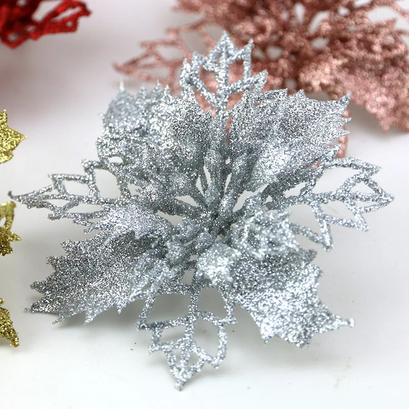 (10Pcs/pack) Artificial Christmas Tree Flower Glitter Decorations Xmas Ornaments New Year Gift Wedding Flower Head