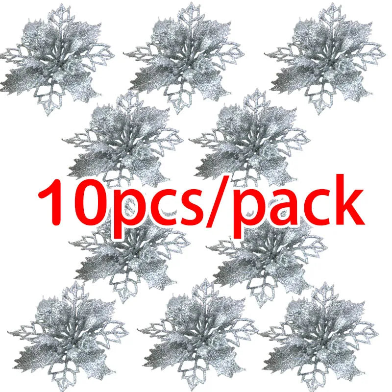 (10Pcs/pack) Artificial Christmas Tree Flower Glitter Decorations Xmas Ornaments New Year Gift Wedding Flower Head