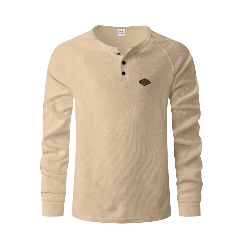 Mens Waffle Texture Henley Neck Long Sleeve Top Raglan Sleeve Leather Label Decor Loose Casual Solid Color Daily Pullover Shirts