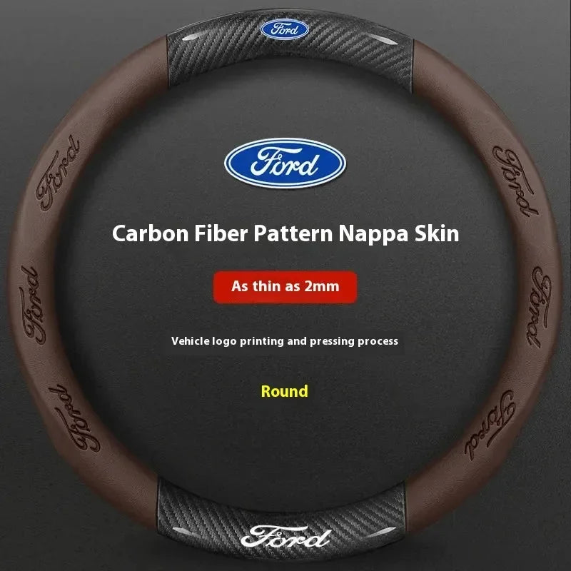 For Ford Mondeo Focus Raptor Puma Edge Explorer Ecosport Ranger F150 Kuga Car AntiSlip Carbon Fiber Leather Steering Wheel Cover