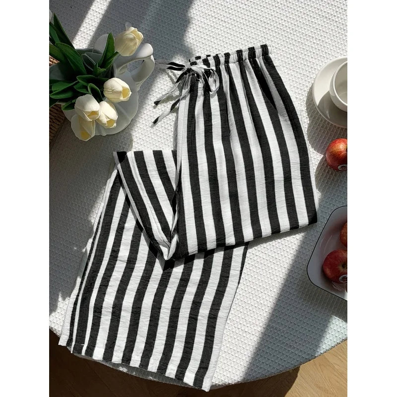 New fashion stripe trousers  Stylish lady Women'S Long Striped Drawstring high Waist Comfortable Loose Wide-Leg Pants