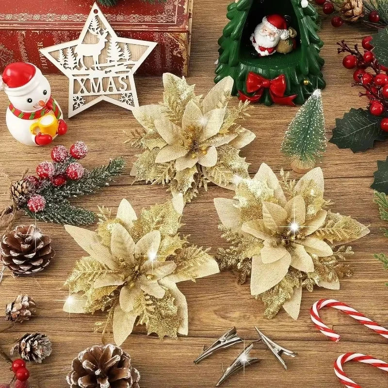 50/10PCS Artificial Glitter Christmas Flowers with Clips Red Gold Poinsettia Fake Ornament DIY Xmas Tree New Year Party Decora