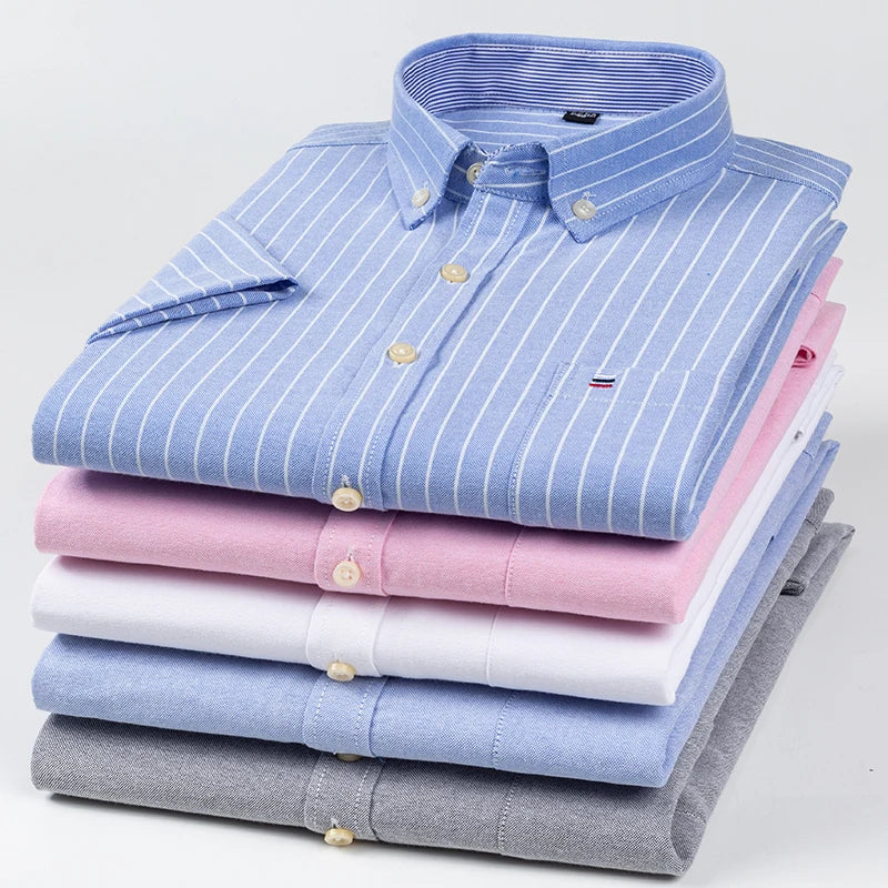 Plus Size 7XL Summer Short Sleeve Shirt 100%Cotton Shirts for Men White Plaid Striped Social Slim Fit Formal Business Clothing