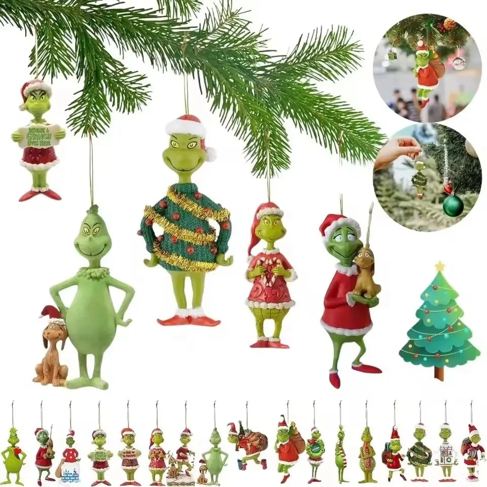 18Pcs 2D Wooden Christmas Tree Green Monsters Ornaments Cute Green Monsters Christmas Tree Pendants Christmas Cartoon Ornaments