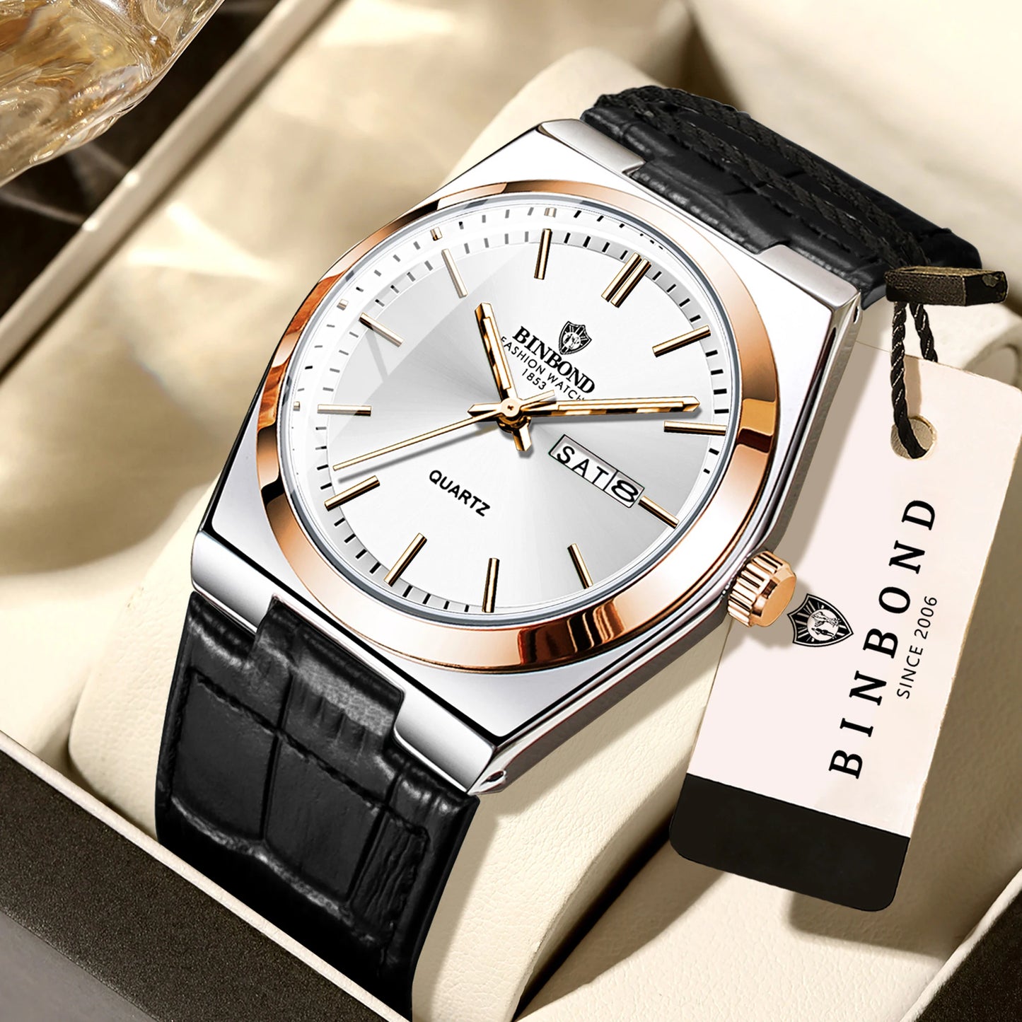 BINBOND Durable Men's Watch Reloj Leather Strap Luxury Quartz Wristwatches Precise Luminous Waterproof Auto Date Week Display