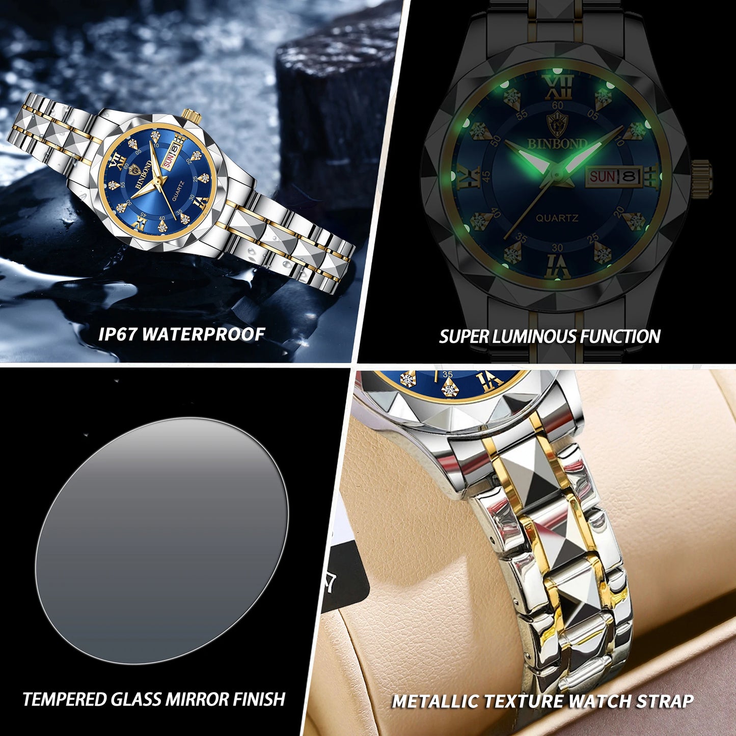 BINBOND Ladies Reloj Sturdy Quartz Watches For Women Luxury Luminous Waterproof Accurate Auto Date Week Display Women's Watch