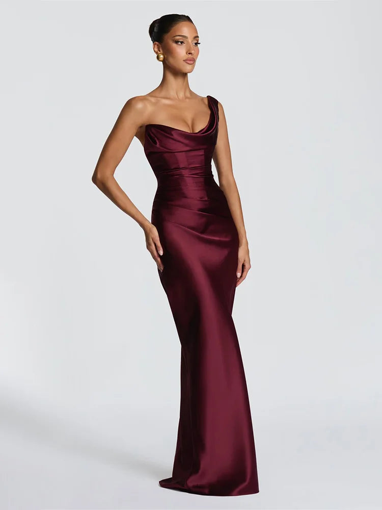 Rinabe Solid Cinched Waist Dress One Shoulder Satin Low Chest Evening Gown Ruched Backless Sexy Back Lace Up Chic Party Dresses