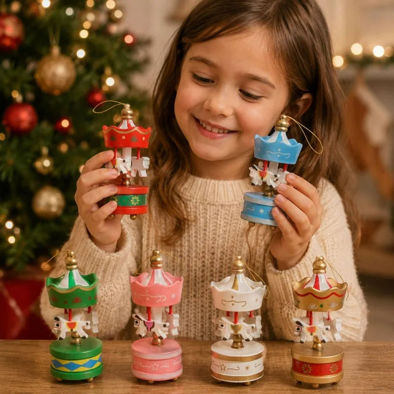 Xmas Carousel Hanging Pendant Wooden Carousel with Hanging Cord Christmas Tree Decorations Holiday Gifts Wooden Horse Ornament