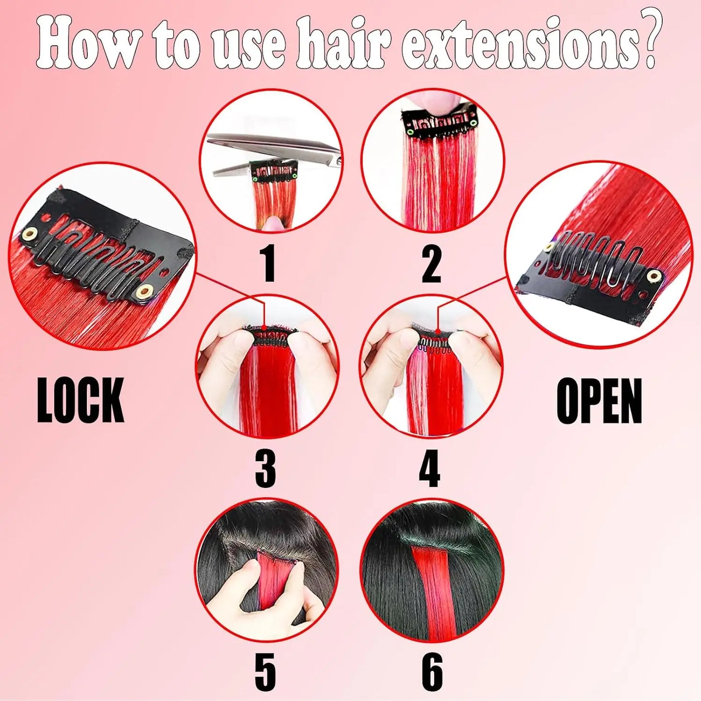 6/12 PCS Hair Extensions Clip, 22in Colored Hair Extensions Party Highlights Long Straight Synthetic Hairpieces for Girls Cospla